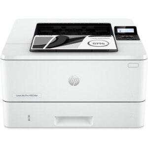 White HP LaserJet Pro all-in-one printer with the scanner lid open and a sheet of paper on the scan bed, control panel visible on the right.