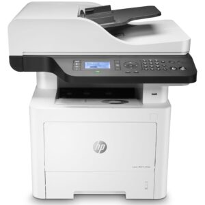 HP LaserJet multifunction printer with document feeder and front control panel on a black base area