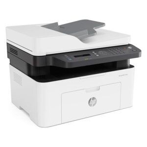 HP all-in-one printer with scanner lid and control panel—used for printing, copying, and scanning in an office setting.