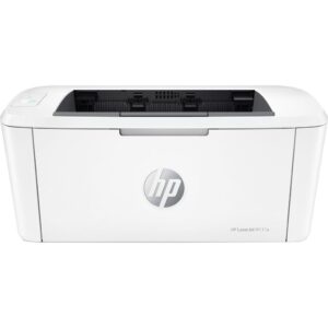 White HP LaserJet M111a printer viewed from the front with the top-access panel open for paper loading.
