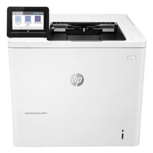 HP LaserJet Enterprise M612 laser printer with a black touchscreen control panel on the top left.