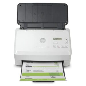 HP ScanJet Enterprise Flow 5000 s5 printer printing a document on the output tray/edge of the page.