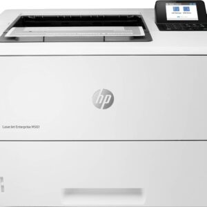 Front view of a white HP LaserJet Enterprise M507 printer with output tray and control panel on the top right.