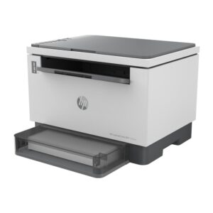 HP LaserJet Tank MFP 1602w printer with the front paper tray extended, ready to print/fed paper slot visible