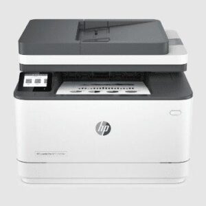 Front view of a white HP multifunction laser printer on a light gray background, showing control panel and paper output tray.